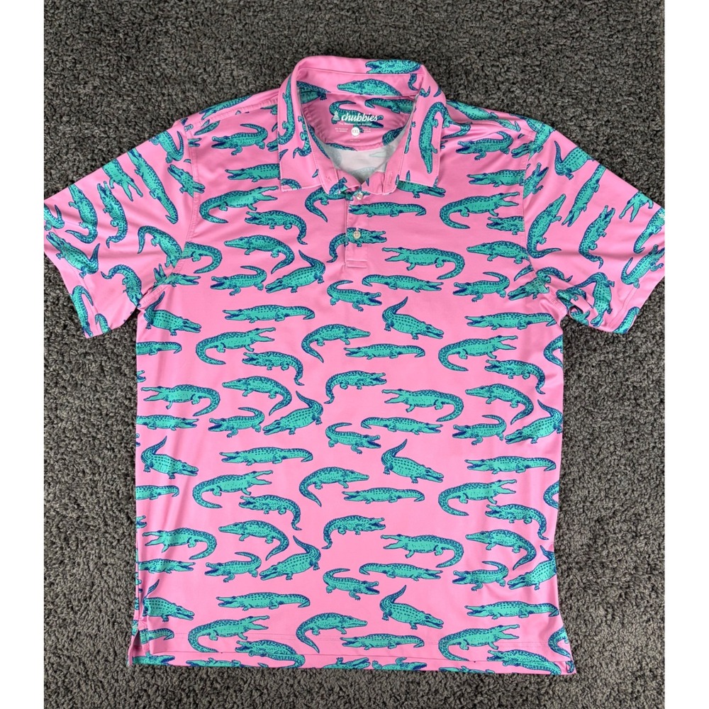Chubbies Pink Teal Alligator Print Performance Polo Shirt Mens XXL Golf Stretch